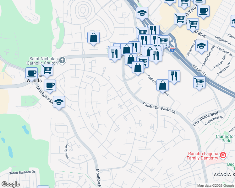 map of restaurants, bars, coffee shops, grocery stores, and more near 969 Calle Aragon in Laguna Woods