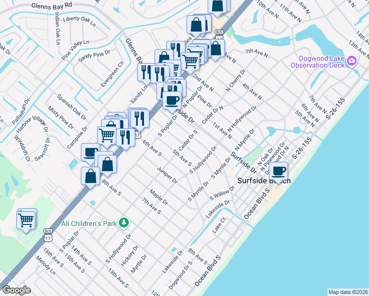 map of restaurants, bars, coffee shops, grocery stores, and more near 629 4th Avenue South in Surfside Beach