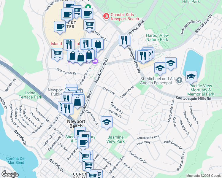 map of restaurants, bars, coffee shops, grocery stores, and more near 2701 Windover Drive in Newport Beach