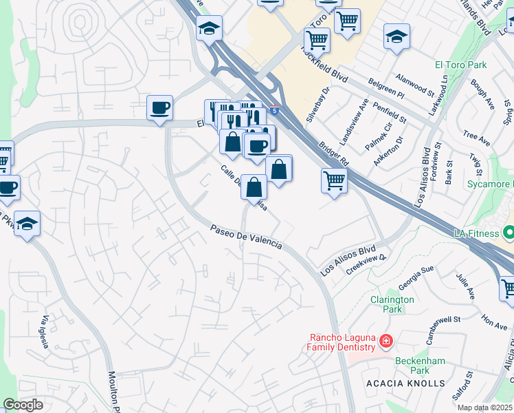 map of restaurants, bars, coffee shops, grocery stores, and more near in Laguna Hills