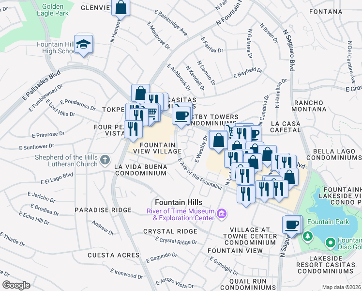 map of restaurants, bars, coffee shops, grocery stores, and more near 16450 East Avenue of the Fountains in Fountain Hills