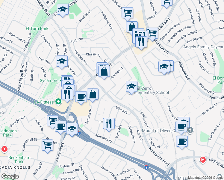 map of restaurants, bars, coffee shops, grocery stores, and more near 25571 Vesuvia Avenue in Mission Viejo