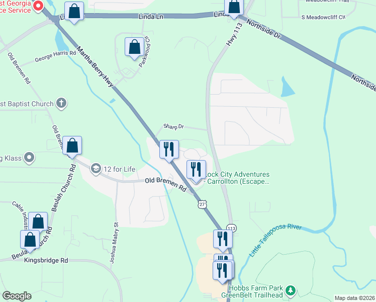 map of restaurants, bars, coffee shops, grocery stores, and more near 281 Northwinds Boulevard in Carrollton