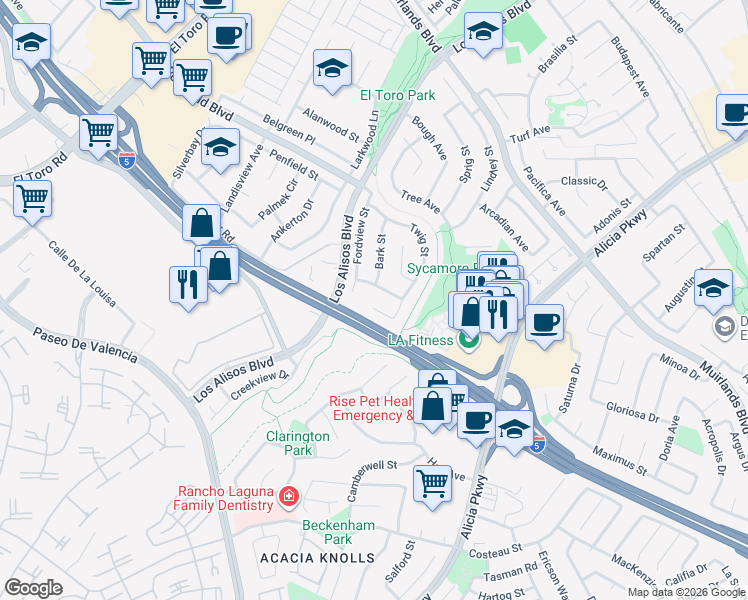 map of restaurants, bars, coffee shops, grocery stores, and more near 24842 Branch Avenue in Lake Forest