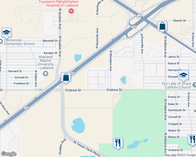 map of restaurants, bars, coffee shops, grocery stores, and more near 3716 Erskine St in Lubbock