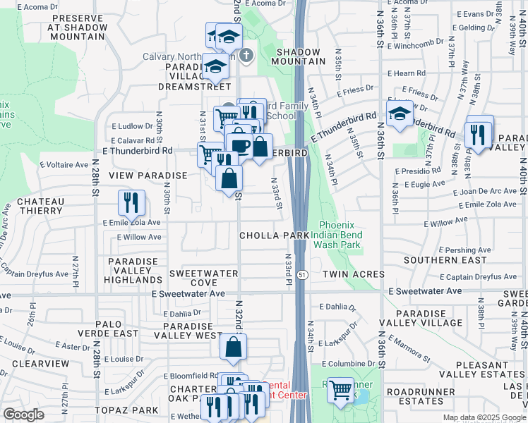map of restaurants, bars, coffee shops, grocery stores, and more near 3248 East Presidio Road in Phoenix
