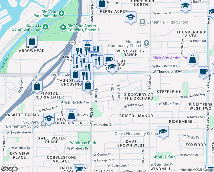 map of restaurants, bars, coffee shops, grocery stores, and more near 8253 West Thunderbird Road in Peoria