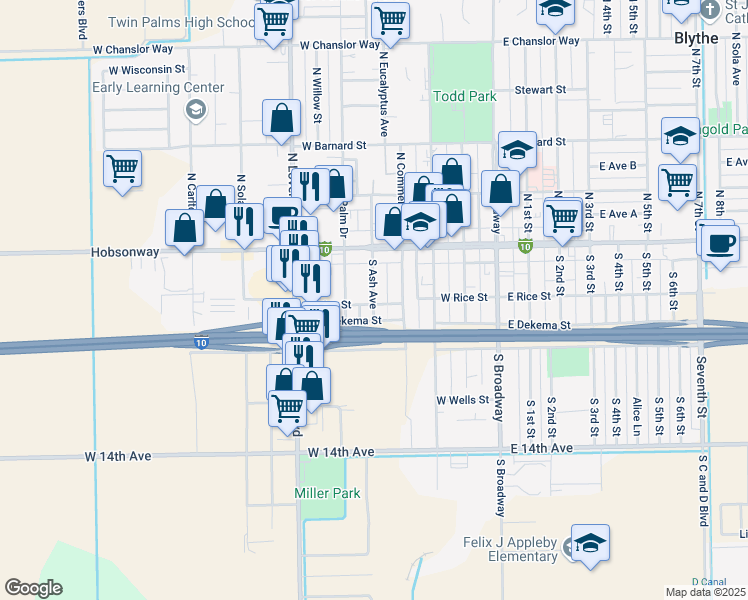 map of restaurants, bars, coffee shops, grocery stores, and more near 160 South Ash Avenue in Blythe