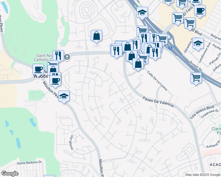 map of restaurants, bars, coffee shops, grocery stores, and more near 21 Avenida Castilla in Laguna Woods