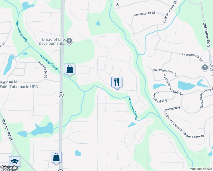 map of restaurants, bars, coffee shops, grocery stores, and more near 1383 Fall River Drive Southeast in Conyers