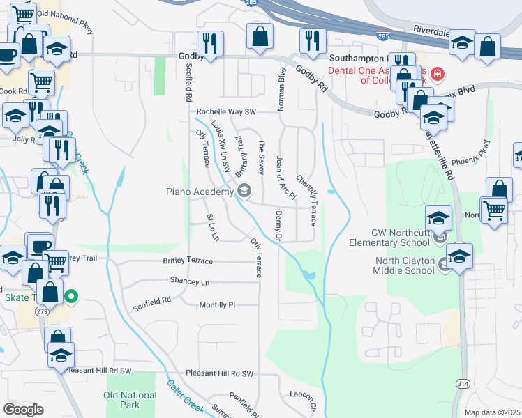 map of restaurants, bars, coffee shops, grocery stores, and more near 5411 Louis Xiv Lane Southwest in Atlanta