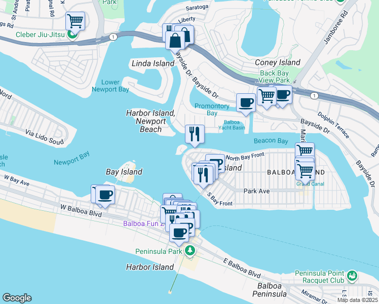 map of restaurants, bars, coffee shops, grocery stores, and more near 115 North Bay Front in Newport Beach