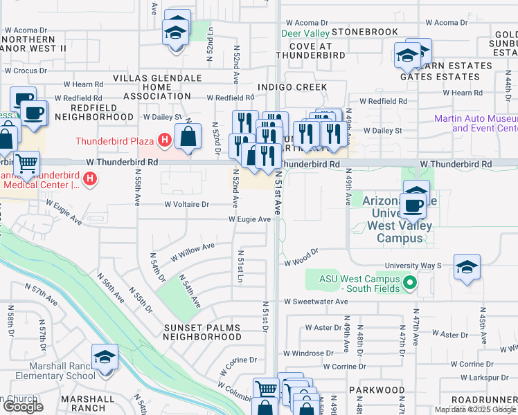 map of restaurants, bars, coffee shops, grocery stores, and more near 5150 West Eugie Avenue in Glendale