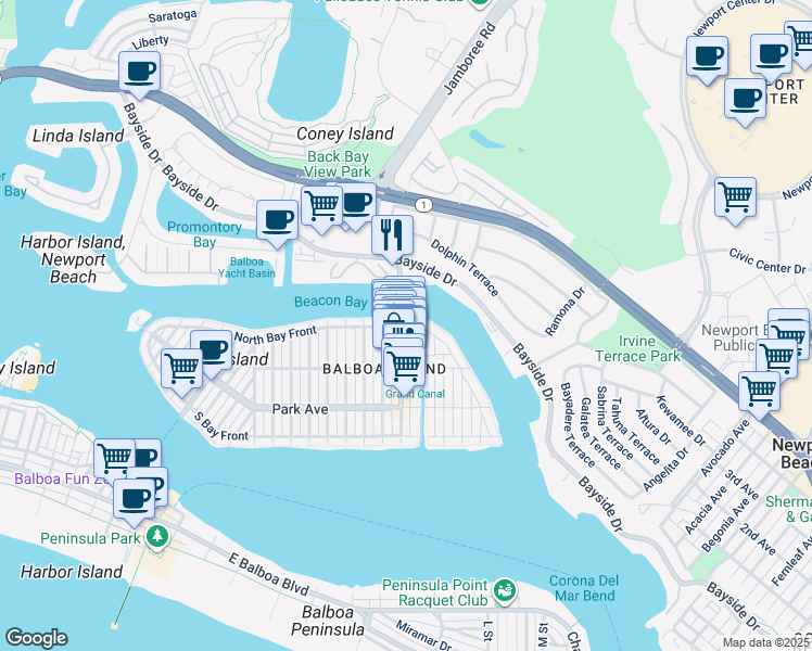 map of restaurants, bars, coffee shops, grocery stores, and more near 1403 North Bay Front in Newport Beach