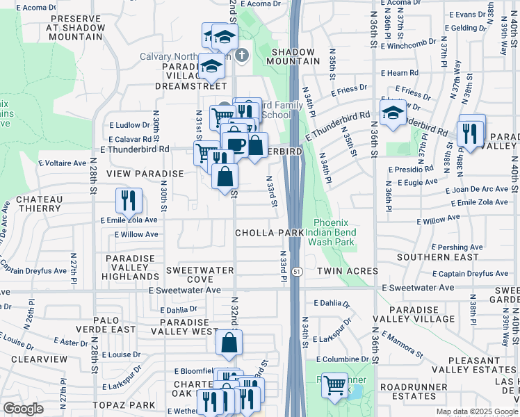 map of restaurants, bars, coffee shops, grocery stores, and more near 3248 East Presidio Road in Phoenix
