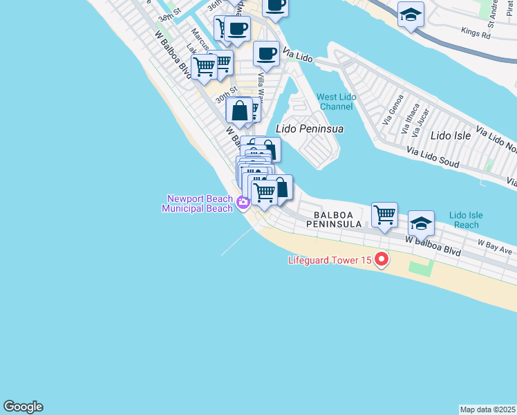 map of restaurants, bars, coffee shops, grocery stores, and more near 2100 West Oceanfront in Newport Beach