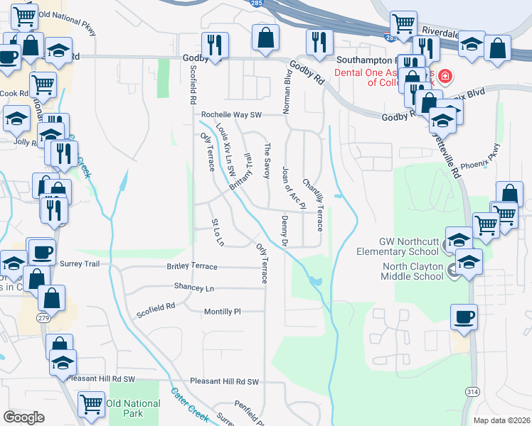 map of restaurants, bars, coffee shops, grocery stores, and more near 5411 Louis Xiv Lane in College Park