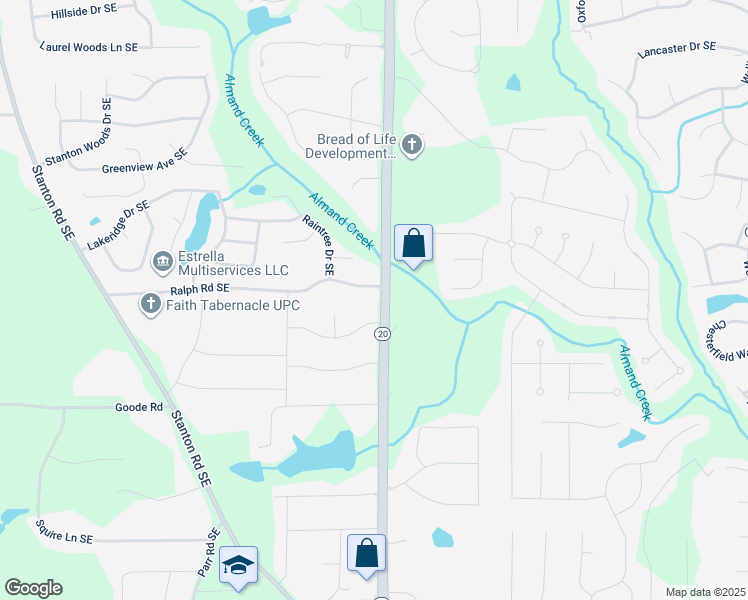 map of restaurants, bars, coffee shops, grocery stores, and more near 940 Ralph Road Southeast in Conyers