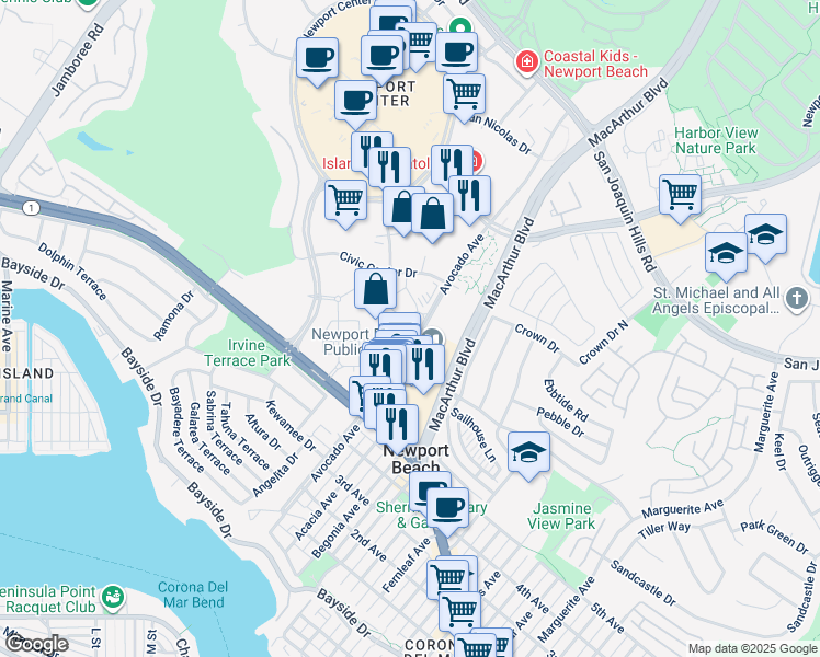 map of restaurants, bars, coffee shops, grocery stores, and more near 26 Corporate Plaza in Newport Beach