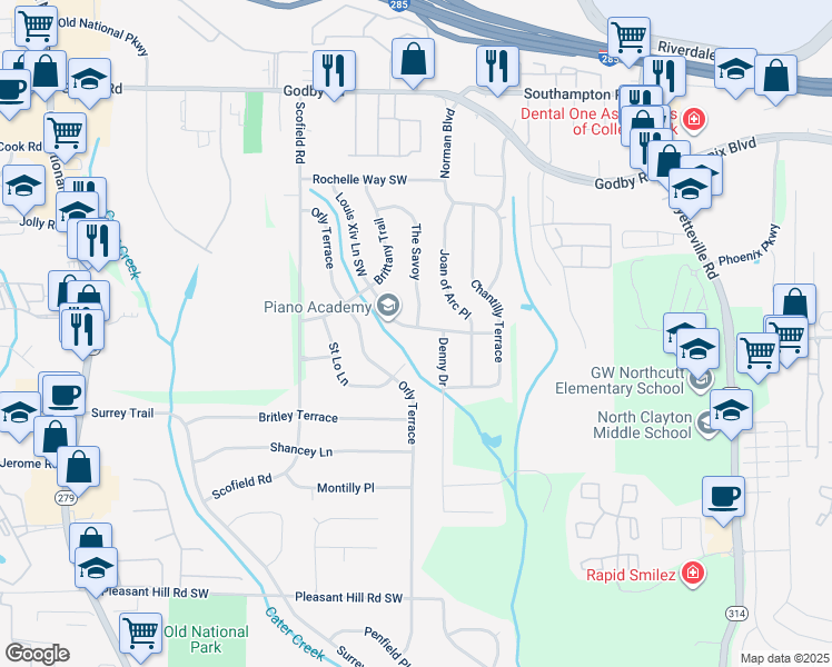 map of restaurants, bars, coffee shops, grocery stores, and more near 5411 Louis Xiv Lane in College Park