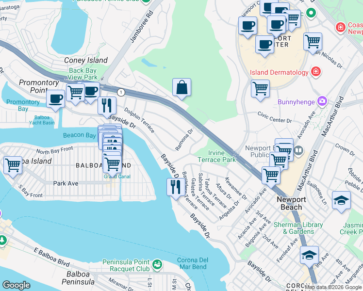 map of restaurants, bars, coffee shops, grocery stores, and more near 618 Ramona Drive in Newport Beach