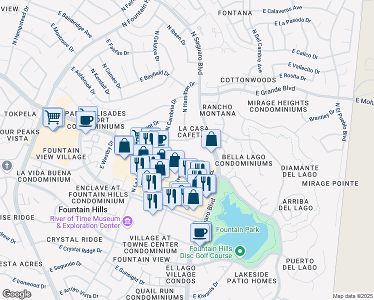 map of restaurants, bars, coffee shops, grocery stores, and more near 16838 East Palisades Boulevard in Fountain Hills