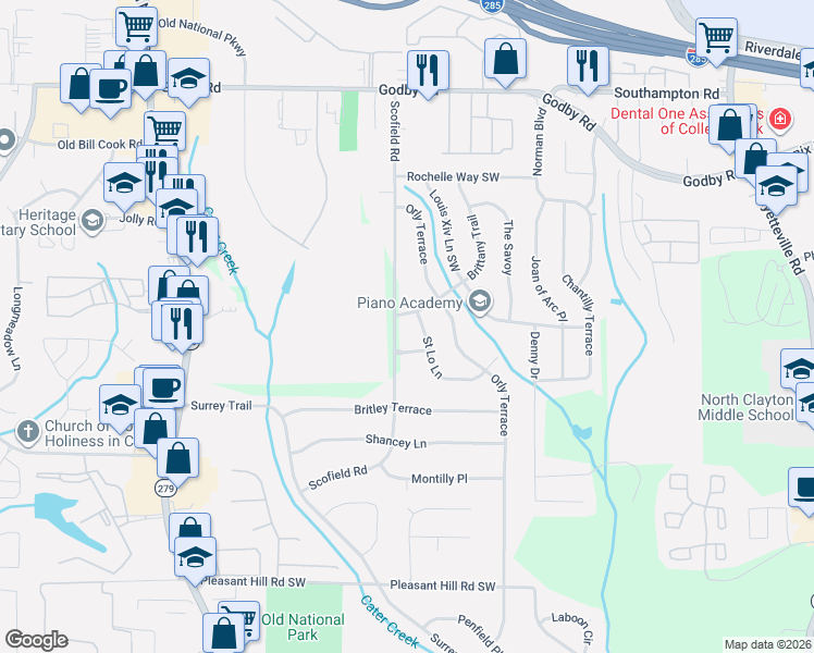 map of restaurants, bars, coffee shops, grocery stores, and more near 5380 Saint Lo Lane in College Park