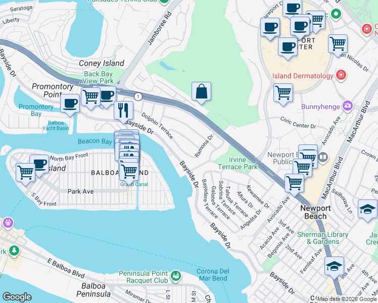 map of restaurants, bars, coffee shops, grocery stores, and more near 1524 Dolphin Terrace in Newport Beach