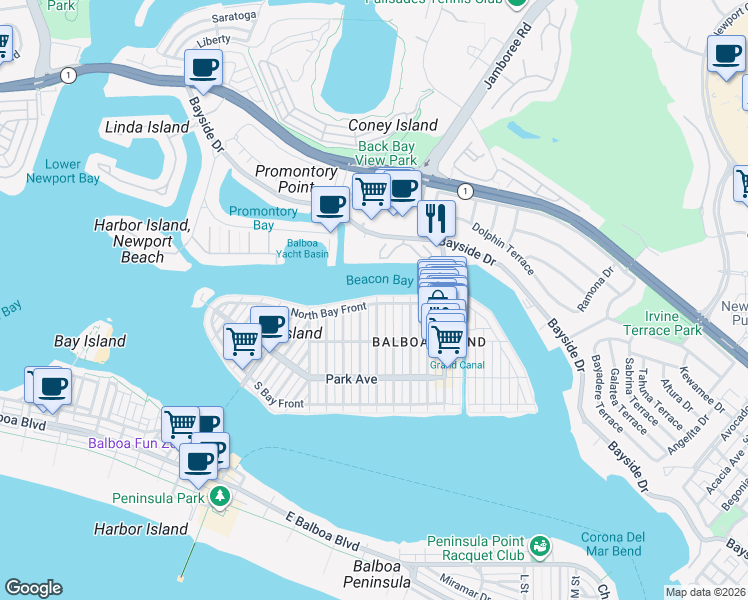 map of restaurants, bars, coffee shops, grocery stores, and more near 911 North Bay Front in Newport Beach