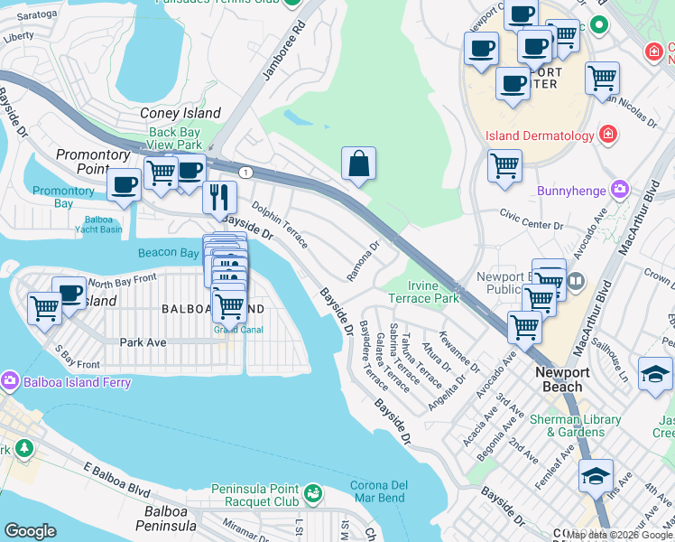 map of restaurants, bars, coffee shops, grocery stores, and more near 1524 Dolphin Terrace in Newport Beach