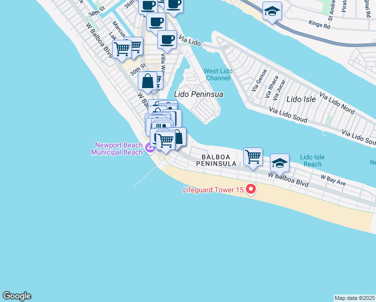 map of restaurants, bars, coffee shops, grocery stores, and more near 211 19th Street in Newport Beach