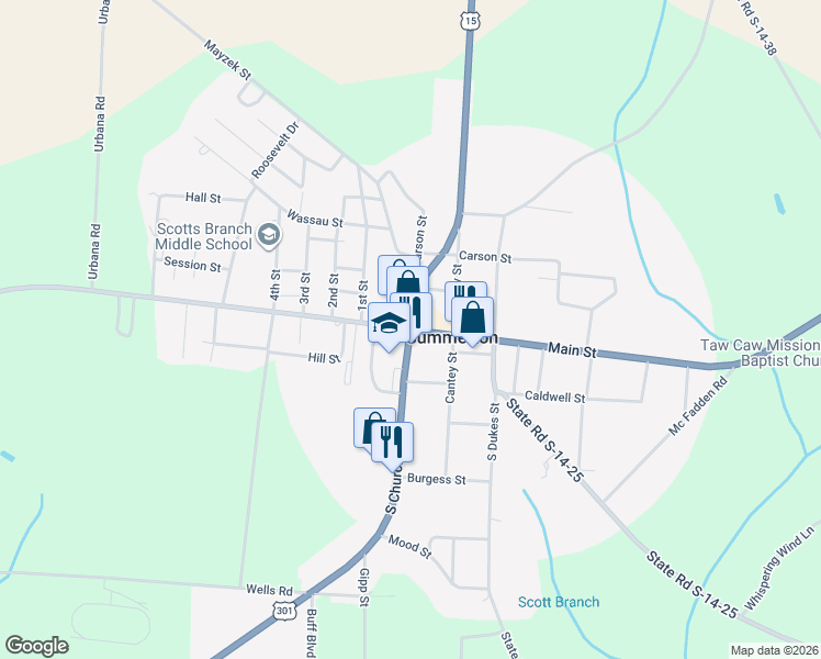 map of restaurants, bars, coffee shops, grocery stores, and more near 12 Main Street in Summerton