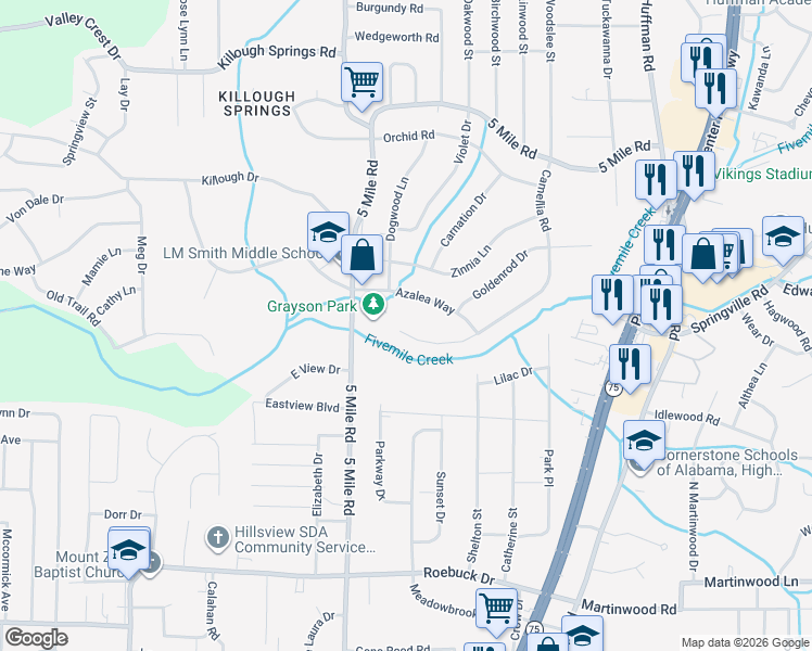 map of restaurants, bars, coffee shops, grocery stores, and more near 404 Camellia Road in Birmingham