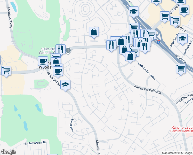 map of restaurants, bars, coffee shops, grocery stores, and more near 25 Avenida Castilla in Laguna Woods