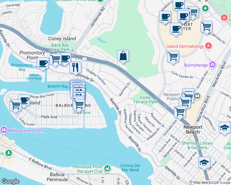 map of restaurants, bars, coffee shops, grocery stores, and more near 1524 Dolphin Terrace in Newport Beach