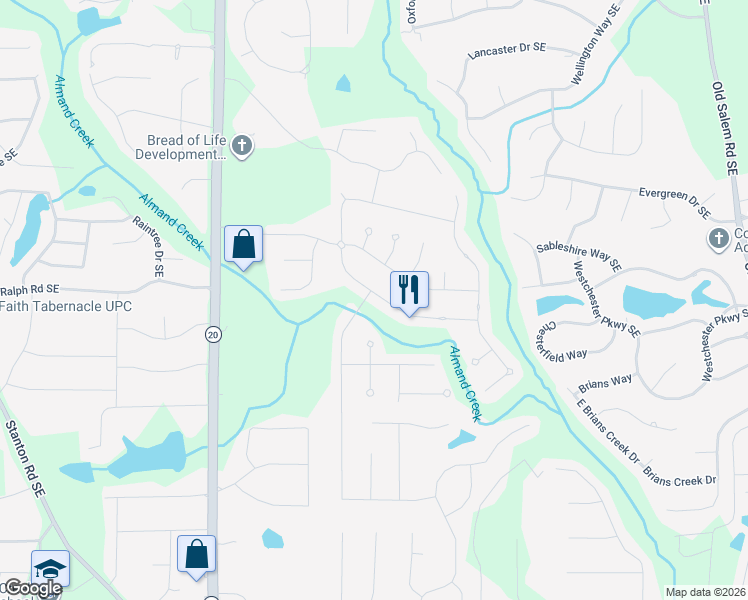 map of restaurants, bars, coffee shops, grocery stores, and more near 1383 Fall River Drive Southeast in Conyers