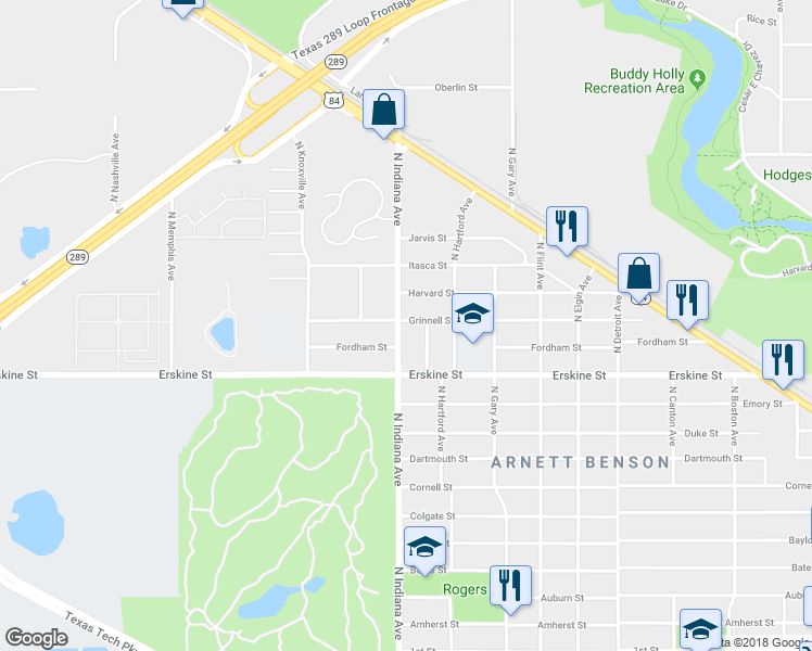 map of restaurants, bars, coffee shops, grocery stores, and more near 620 North Indiana Avenue in Lubbock