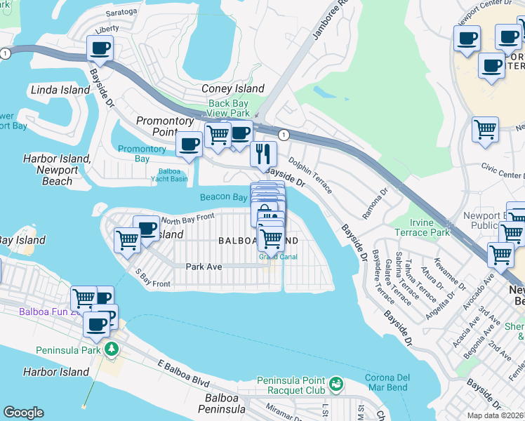map of restaurants, bars, coffee shops, grocery stores, and more near 1407 North Bay Front in Newport Beach