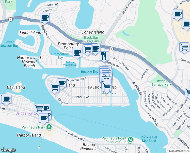 map of restaurants, bars, coffee shops, grocery stores, and more near 1203 North Bay Front in Newport Beach