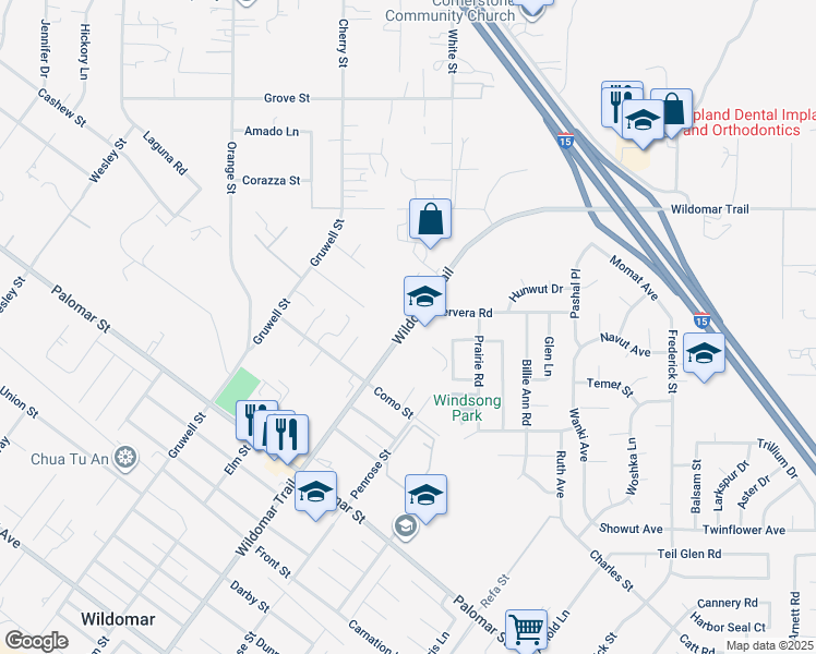 map of restaurants, bars, coffee shops, grocery stores, and more near Wildomar Trail in Wildomar