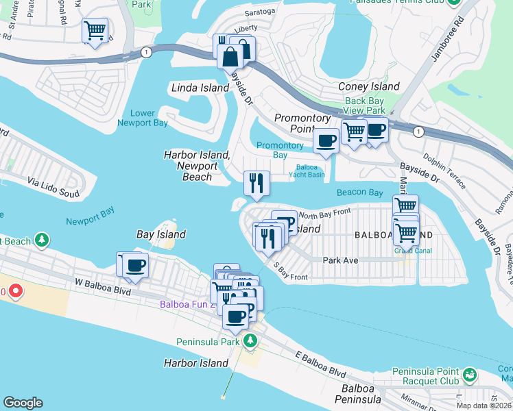 map of restaurants, bars, coffee shops, grocery stores, and more near 129 North Bay Front in Newport Beach