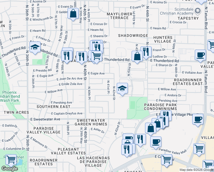 map of restaurants, bars, coffee shops, grocery stores, and more near 13410 North 41st Place in Phoenix