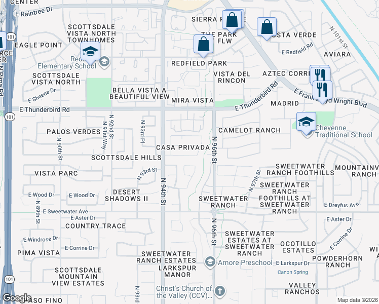 map of restaurants, bars, coffee shops, grocery stores, and more near 9516 East Voltaire Drive in Scottsdale