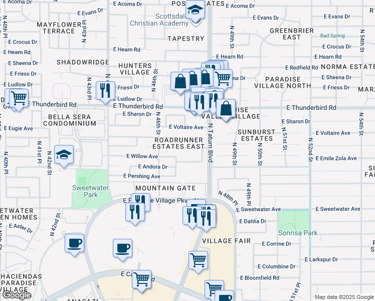 map of restaurants, bars, coffee shops, grocery stores, and more near 4656 East Emile Zola Avenue in Phoenix