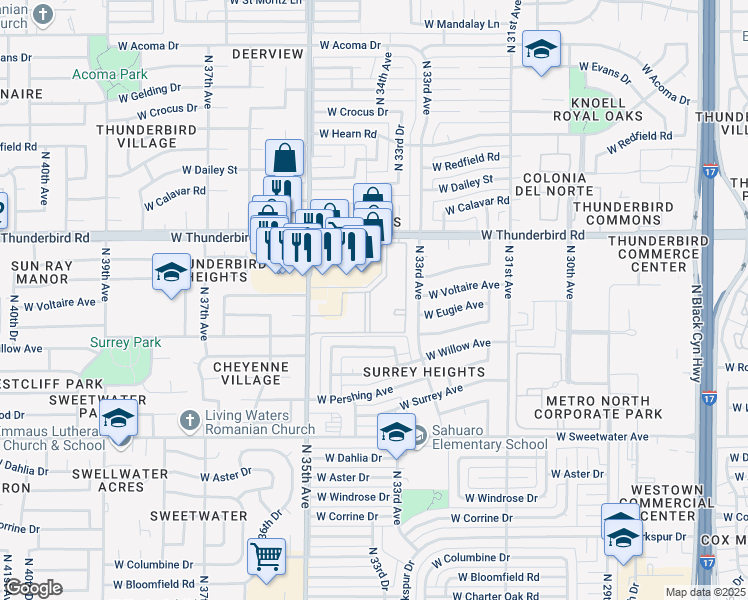 map of restaurants, bars, coffee shops, grocery stores, and more near 1032 West Joan De Arc Avenue in Phoenix