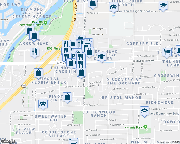 map of restaurants, bars, coffee shops, grocery stores, and more near 8253 West Thunderbird Road in Peoria