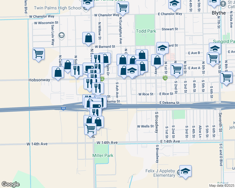 map of restaurants, bars, coffee shops, grocery stores, and more near 160 South Ash Avenue in Blythe