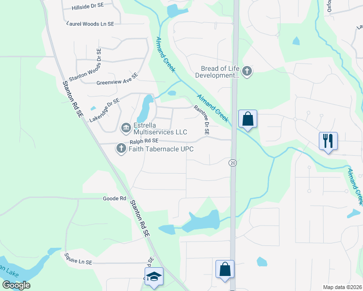 map of restaurants, bars, coffee shops, grocery stores, and more near 810 Ralph Road Southeast in Conyers