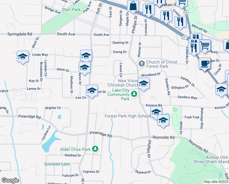 map of restaurants, bars, coffee shops, grocery stores, and more near Forest Hills Court in Lake City
