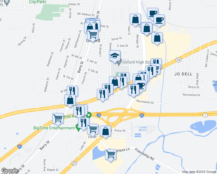 map of restaurants, bars, coffee shops, grocery stores, and more near 1101 Luttrell Street in Oxford